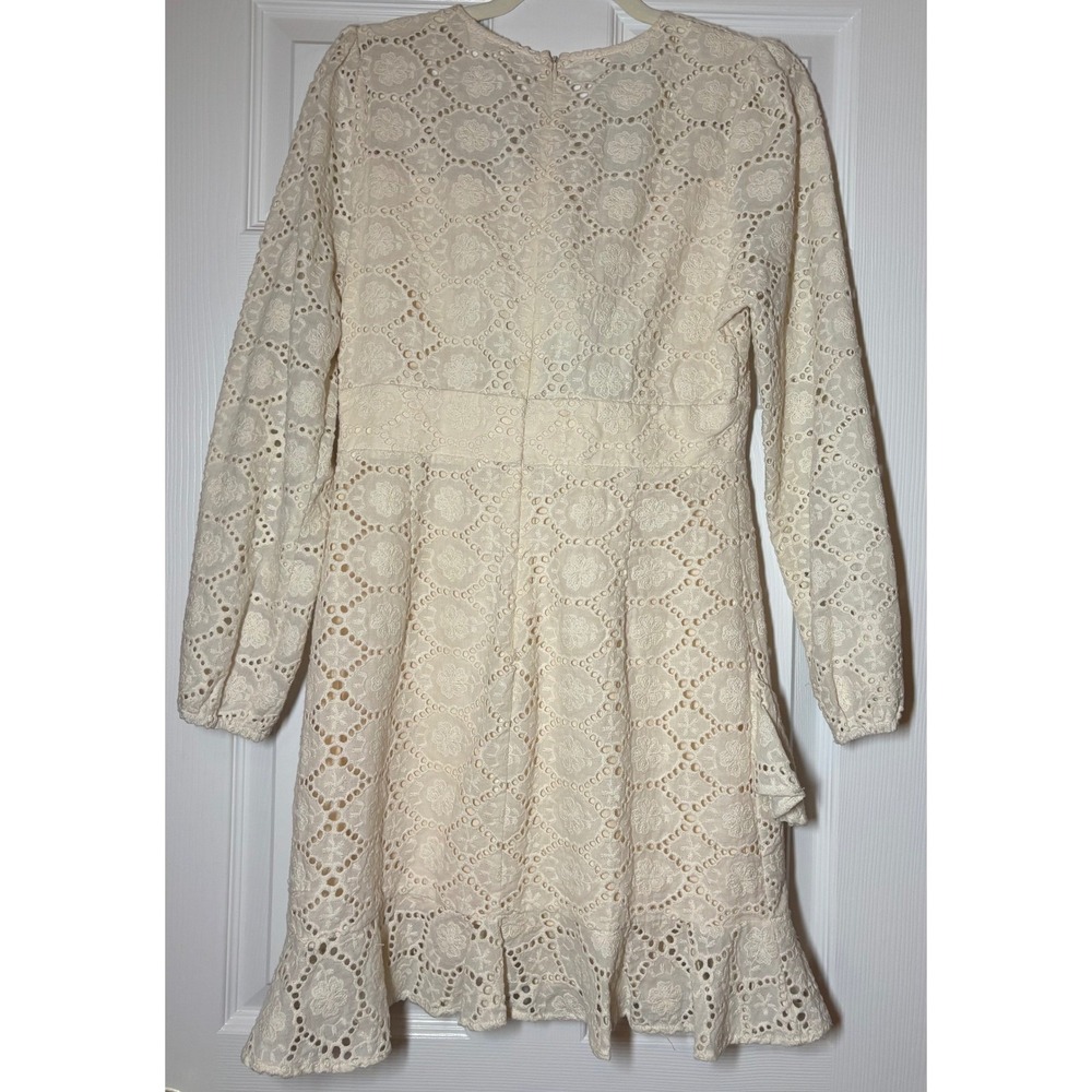 Azura Mini Dress Women's Cream NWT Excellent Eyelet Tie Front Long Sleeve Large - Picture 2 of 8